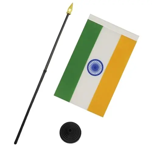 AZ FLAG - India Table Flag 4'' x 6'' - Indian Mini Desk Flag 100% Polyester 15 x 10 cm. - Office Banner with 10'' Pole - Golden Spear - 3