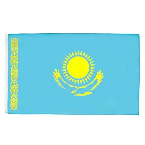 AZ BAYRAK - Kazakistan Bayrağı - Büyük 5x8 Ft - 100D Polyester Kazak Büyük Afiş İki Metal Halkalı - Solmaya Dayanıklı - Canlı Renkler - 5' x 8' Feet - 250x150 Cm 
