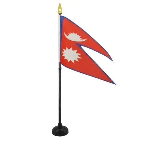 AZ FLAG - Nepal Table Flag 4'' x 6'' - Nepalese Mini Desk Flag 100% Polyester 15 x 10 cm. - Office Banner with 10'' Pole - Golden Spear - 2