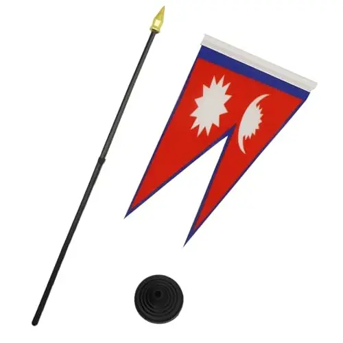 AZ FLAG - Nepal Table Flag 4'' x 6'' - Nepalese Mini Desk Flag 100% Polyester 15 x 10 cm. - Office Banner with 10'' Pole - Golden Spear - 3