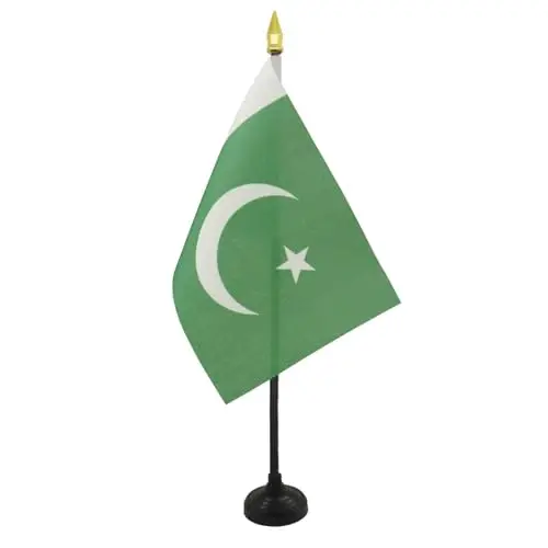 AZ FLAG - Pakistan Table Flag 4'' x 6'' - Pakistani Mini Desk Flag 100% Polyester 15 x 10 cm. - Office Banner with 10'' Pole - Golden Spear - 2