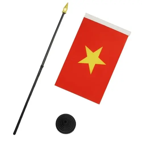 AZ FLAG - Vietnam Table Flag 4'' x 6'' - Vietnamese Mini Desk Flag 100% Polyester 15 x 10 cm. - Office Banner with 10'' Pole - Golden Spear - 3