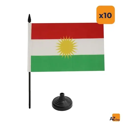 AZ FLAG 10 dona Kurdiston stol bayroqlari to'plami 21 x 14 sm. - 10 ta kichik Kurd ofis bayroqlari 100% poliester, 25 sm ustun va qora plastik asos - 4