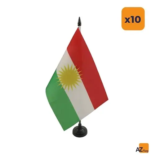 AZ FLAG 10 dona Kurdiston stol bayroqlari to'plami 21 x 14 sm. - 10 ta kichik Kurd ofis bayroqlari 100% poliester, 25 sm ustun va qora plastik asos - AZ FLAG (1)