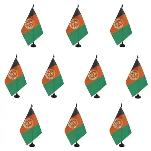 AZ FLAG - 10 ta Afg'oniston Stol Bayroqlari 21 x 14 sm. - 10 ta Kichik Afg'on Ofis Bayroqlari 100% Polyester 25 sm. Ustun va Qora Plastik Asos bilan - 1