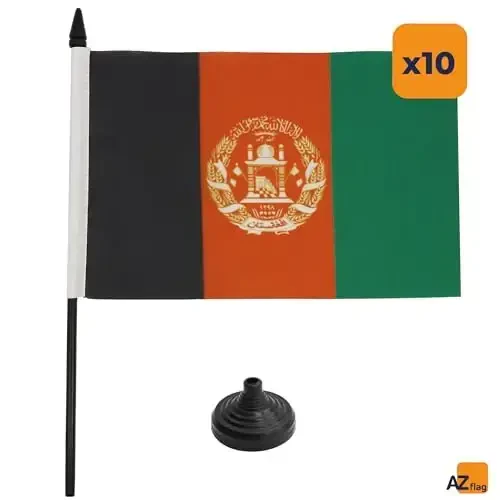 AZ FLAG - 10 ta Afg'oniston Stol Bayroqlari 21 x 14 sm. - 10 ta Kichik Afg'on Ofis Bayroqlari 100% Polyester 25 sm. Ustun va Qora Plastik Asos bilan - 4