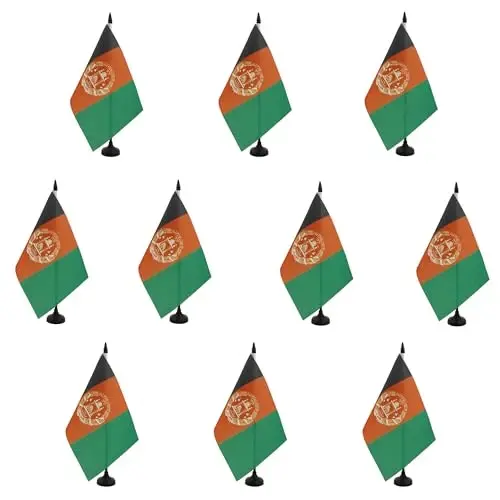 AZ FLAG - 10 ta Afg'oniston Stol Bayroqlari 21 x 14 sm. - 10 ta Kichik Afg'on Ofis Bayroqlari 100% Polyester 25 sm. Ustun va Qora Plastik Asos bilan - AZ FLAG