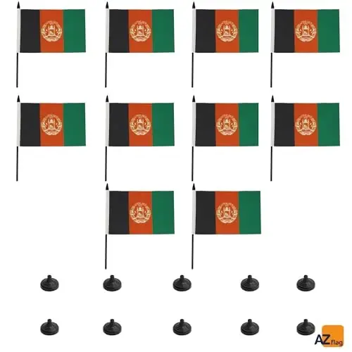 AZ FLAG - 10 ta Afg'oniston Stol Bayroqlari 21 x 14 sm. - 10 ta Kichik Afg'on Ofis Bayroqlari 100% Polyester 25 sm. Ustun va Qora Plastik Asos bilan - 5