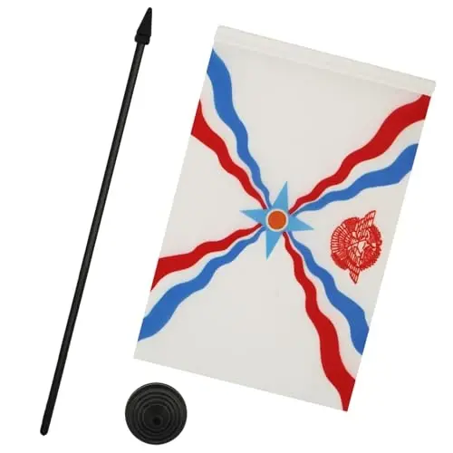 AZ FLAG Assyria Table Flag 5'' x 8'' - Assyrian Desk Flag 21 x 14 cm. - Black plastic stick and base - 3