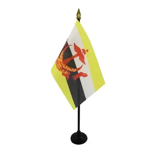 AZ FLAG - Brunei Table Flag 4'' x 6'' - Bruneian Mini Desk Flag 100% Polyester 15 x 10 cm. - Office Banner with 10'' Pole - Golden Spear - 2
