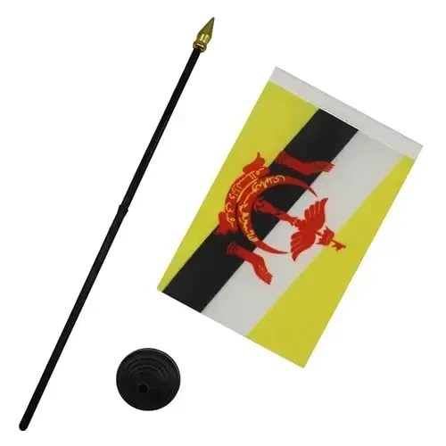 AZ FLAG - Brunei Table Flag 4'' x 6'' - Bruneian Mini Desk Flag 100% Polyester 15 x 10 cm. - Office Banner with 10'' Pole - Golden Spear - 3