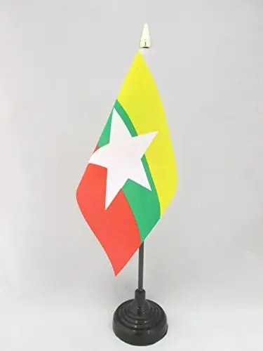 AZ FLAG - Burma Table Flag 4'' x 6'' - Burmese Mini Desk Flag 100% Polyester 15 x 10 cm. - Office Banner with 10'' Pole - Golden Spear 