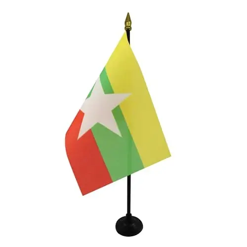 AZ FLAG - Burma Table Flag 4'' x 6'' - Burmese Mini Desk Flag 100% Polyester 15 x 10 cm. - Office Banner with 10'' Pole - Golden Spear - 2