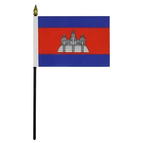 AZ FLAG - Cambodia Table Flag 4'' x 6'' - Cambodian Mini Desk Flag 100% Polyester 15 x 10 cm. - Office Banner with 10'' Pole - Golden Spear - 1
