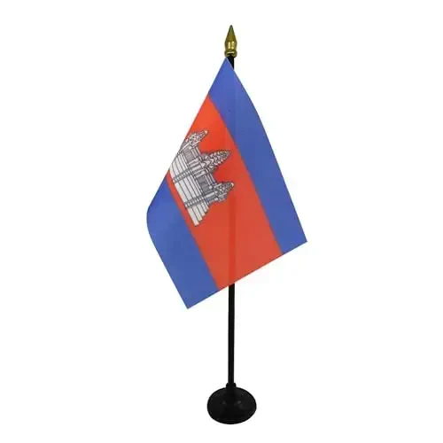 AZ FLAG - Cambodia Table Flag 4'' x 6'' - Cambodian Mini Desk Flag 100% Polyester 15 x 10 cm. - Office Banner with 10'' Pole - Golden Spear - 3