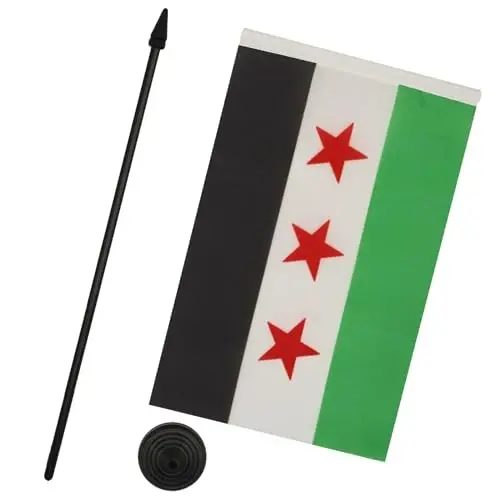 AZ FLAG Free Syrian Army Table Flag 5'' x 8'' - Army of Syria Desk Flag 21 x 14 cm. - Black plastic stick and base - 3
