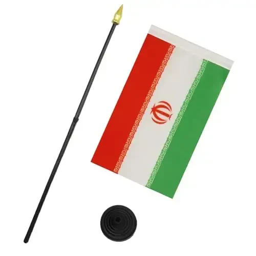 AZ FLAG - Iran Table Flag 4'' x 6'' - Iranian Mini Desk Flag 100% Polyester 15 x 10 cm. - Office Banner with 10'' Pole - Golden Spear - 3