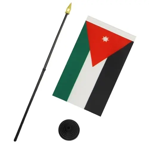 AZ FLAG - Jordan Table Flag 4'' x 6'' - Jordanian Mini Desk Flag 100% Polyester 15 x 10 cm. - Office Banner with 10'' Pole - Golden Spear - 3
