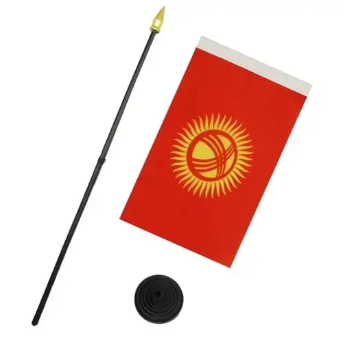 AZ FLAG - Kyrgyzstan Table Flag 4'' x 6'' - Kyrgystani Mini Desk Flag 100% Polyester 15 x 10 cm. - Office Banner with 10'' Pole - Golden Spear - 3
