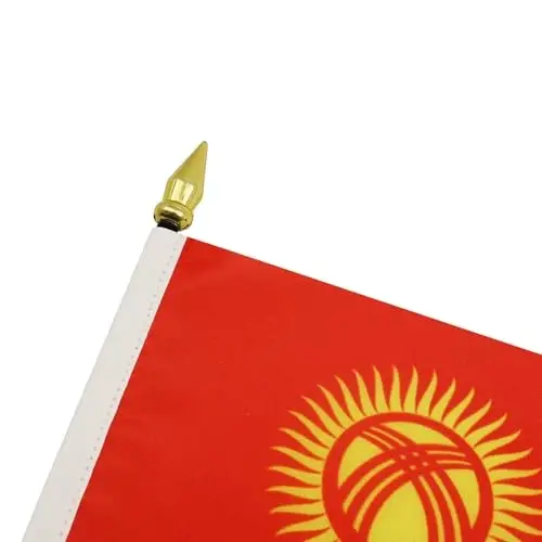AZ FLAG - Kyrgyzstan Table Flag 4'' x 6'' - Kyrgystani Mini Desk Flag 100% Polyester 15 x 10 cm. - Office Banner with 10'' Pole - Golden Spear - 4
