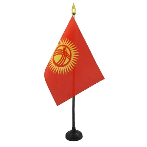 AZ FLAG - Kyrgyzstan Table Flag 4'' x 6'' - Kyrgystani Mini Desk Flag 100% Polyester 15 x 10 cm. - Office Banner with 10'' Pole - Golden Spear - AZ FLAG (1)