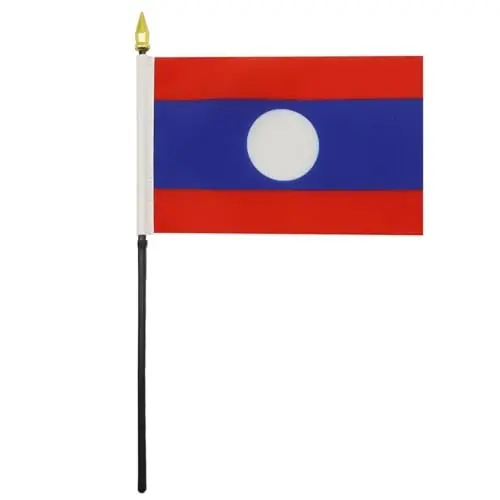 AZ FLAG - Laos Table Flag 4'' x 6'' - Laotian Mini Desk Flag 100% Polyester 15 x 10 cm. - Office Banner with 10'' Pole - Golden Spear - 1