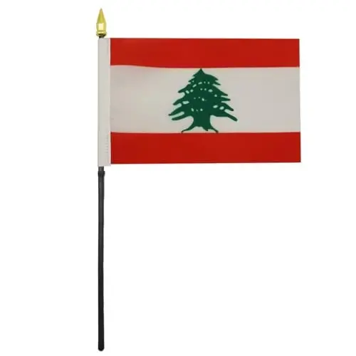 AZ FLAG - Lebanon Table Flag 4'' x 6'' - Lebanese Mini Desk Flag 100% Polyester 15 x 10 cm. - Office Banner with 10'' Pole - Golden Spear - 1