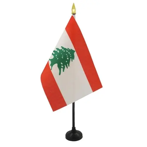 AZ FLAG - Lebanon Table Flag 4'' x 6'' - Lebanese Mini Desk Flag 100% Polyester 15 x 10 cm. - Office Banner with 10'' Pole - Golden Spear - 2