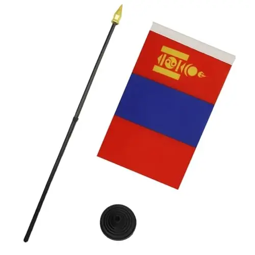 AZ FLAG - Mongolia Table Flag 4'' x 6'' - Mongolian Mini Desk Flag 100% Polyester 15 x 10 cm. - Office Banner with 10'' Pole - Golden Spear - 3