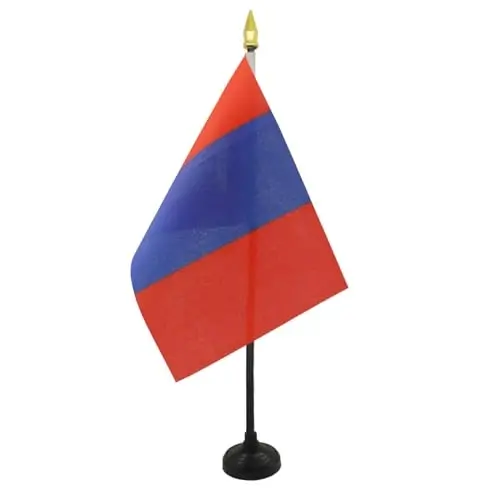 AZ FLAG - Mongolia Table Flag 4'' x 6'' - Mongolian Mini Desk Flag 100% Polyester 15 x 10 cm. - Office Banner with 10'' Pole - Golden Spear - 2