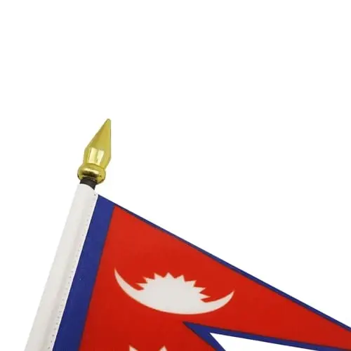 AZ FLAG - Nepal Table Flag 4'' x 6'' - Nepalese Mini Desk Flag 100% Polyester 15 x 10 cm. - Office Banner with 10'' Pole - Golden Spear - 4