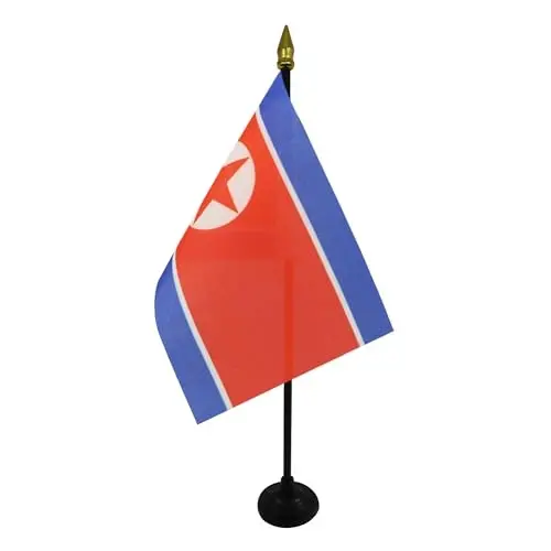 AZ FLAG - North Korea Table Flag 4'' x 6'' - North Korean Mini Desk Flag 100% Polyester 15 x 10 cm. - Office Banner with 10'' Pole - Golden Spear - 2
