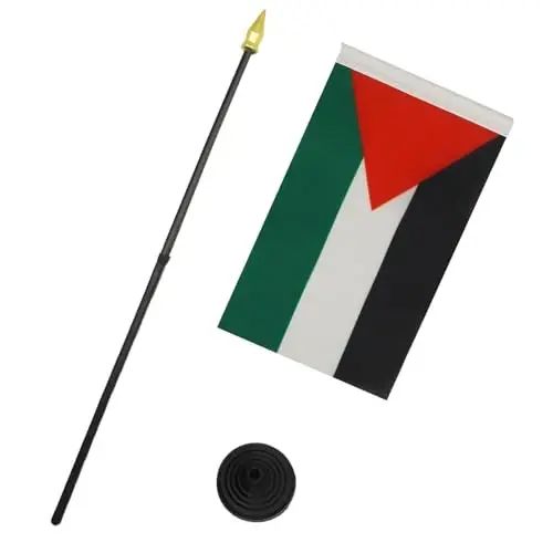 AZ FLAG - Palestine Table Flag 4'' x 6'' - Palestinian Mini Desk Flag 100% Polyester 15 x 10 cm. - Office Banner with 10'' Pole - Golden Spear - 3