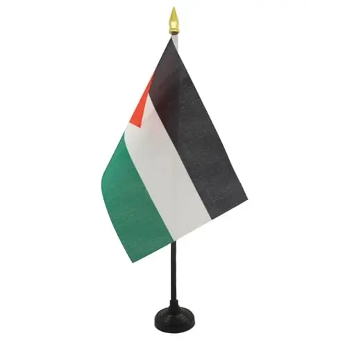 AZ FLAG - Palestine Table Flag 4'' x 6'' - Palestinian Mini Desk Flag 100% Polyester 15 x 10 cm. - Office Banner with 10'' Pole - Golden Spear - 1