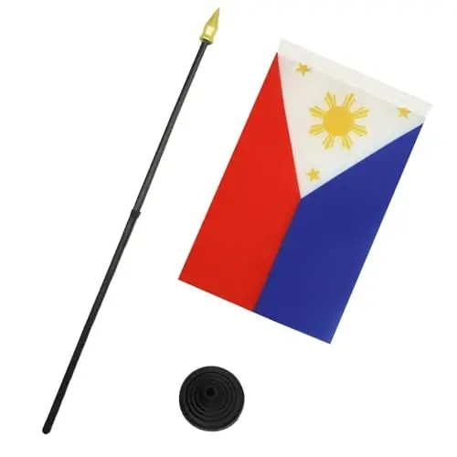 AZ FLAG - Philippines Table Flag 4'' x 6'' - Filipino Mini Desk Flag 100% Polyester 15 x 10 cm. - Office Banner with 10'' Pole - Golden Spear - 3