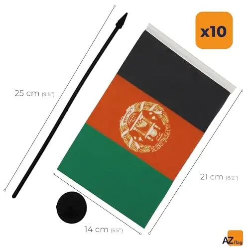 AZ FLAG - Set of 10 Afghanistan Table Flags 21 x 14 cm. - 10 Small Afghan Office Flags 100% Polyester with 25 cm. Pole and Black Plastic Base - 3