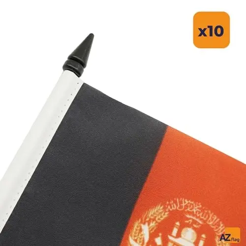 AZ FLAG - Set of 10 Afghanistan Table Flags 21 x 14 cm. - 10 Small Afghan Office Flags 100% Polyester with 25 cm. Pole and Black Plastic Base - 6