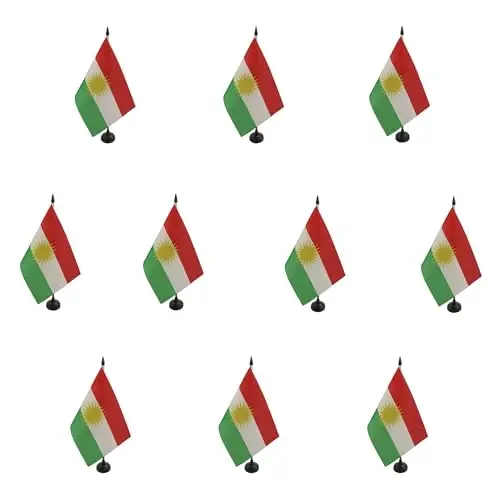 AZ FLAG Set of 10 Kurdistan Table Flags 21 x 14 cm. - 10 Small Kurd Office Flags 100% Polyester with 25 cm. Pole and Black Plastic Base - AZ FLAG