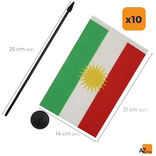 AZ FLAG Set of 10 Kurdistan Table Flags 21 x 14 cm. - 10 Small Kurd Office Flags 100% Polyester with 25 cm. Pole and Black Plastic Base - 3
