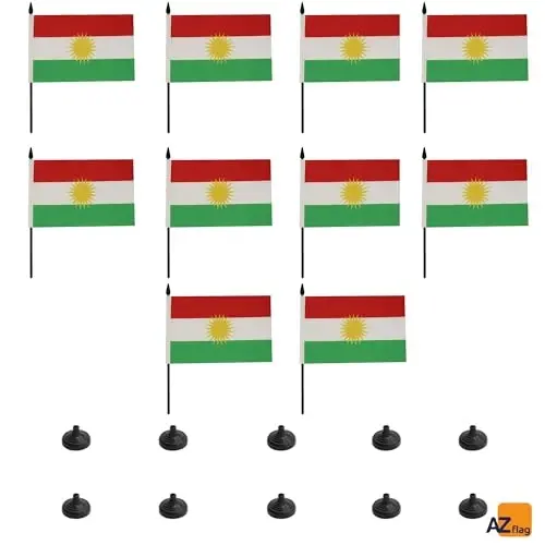 AZ FLAG Set of 10 Kurdistan Table Flags 21 x 14 cm. - 10 Small Kurd Office Flags 100% Polyester with 25 cm. Pole and Black Plastic Base - 5