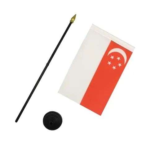 AZ FLAG - Singapore Table Flag 4'' x 6'' - Singaporean Mini Desk Flag 100% Polyester 15 x 10 cm. - Office Banner with 10'' Pole - Golden Spear - 3