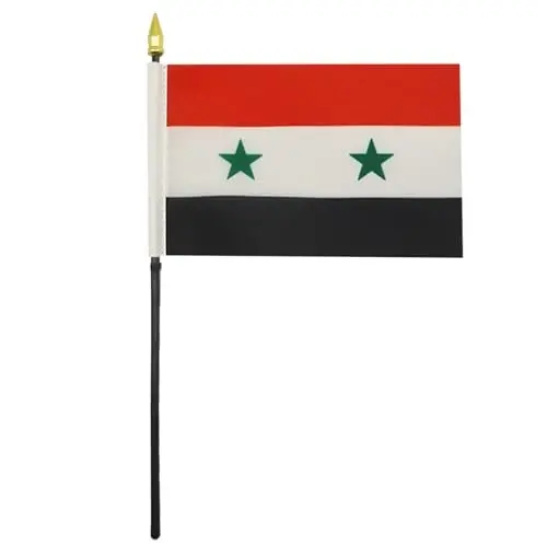 AZ FLAG - Syria Table Flag 4'' x 6'' - Syrian Mini Desk Flag 100% Polyester 15 x 10 cm. - Office Banner with 10'' Pole - Golden Spear - AZ FLAG