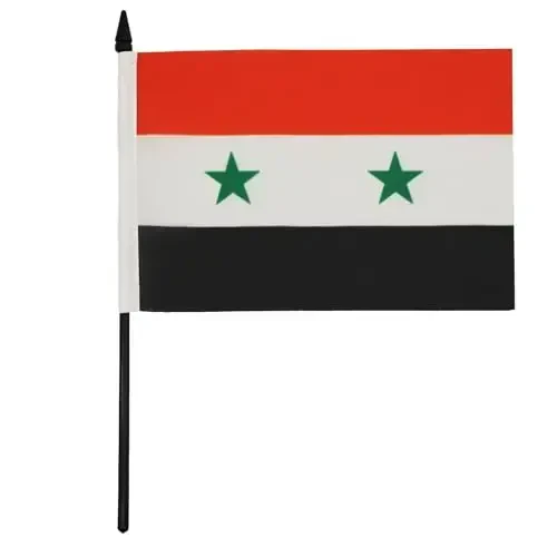 AZ FLAG Syria Table Flag 5'' x 8'' - Syrian Desk Flag 21 x 14 cm. - Black plastic stick and base - AZ FLAG