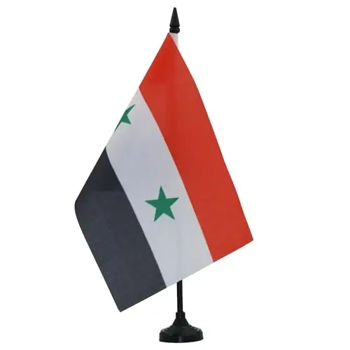 AZ FLAG Syria Table Flag 5'' x 8'' - Syrian Desk Flag 21 x 14 cm. - Black plastic stick and base - 2