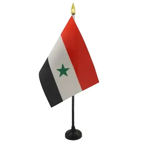 AZ FLAG - Syria Table Flag 4'' x 6'' - Syrian Mini Desk Flag 100% Polyester 15 x 10 cm. - Office Banner with 10'' Pole - Golden Spear - AZ FLAG (1)