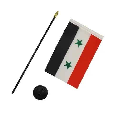 AZ FLAG - Syria Table Flag 4'' x 6'' - Syrian Mini Desk Flag 100% Polyester 15 x 10 cm. - Office Banner with 10'' Pole - Golden Spear - 3
