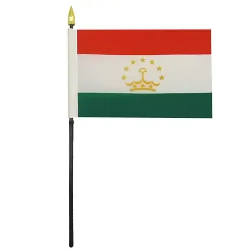 AZ FLAG - Tajikistan Table Flag 4'' x 6'' - Tajik Mini Desk Flag 100% Polyester 15 x 10 cm. - Office Banner with 10'' Pole - Golden Spear - 1