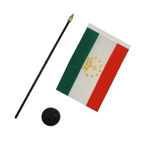 AZ FLAG - Tajikistan Table Flag 4'' x 6'' - Tajik Mini Desk Flag 100% Polyester 15 x 10 cm. - Office Banner with 10'' Pole - Golden Spear - 3