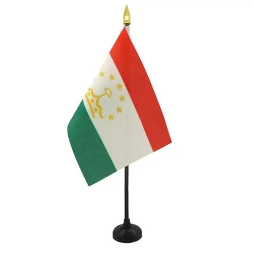AZ FLAG - Tajikistan Table Flag 4'' x 6'' - Tajik Mini Desk Flag 100% Polyester 15 x 10 cm. - Office Banner with 10'' Pole - Golden Spear - 2
