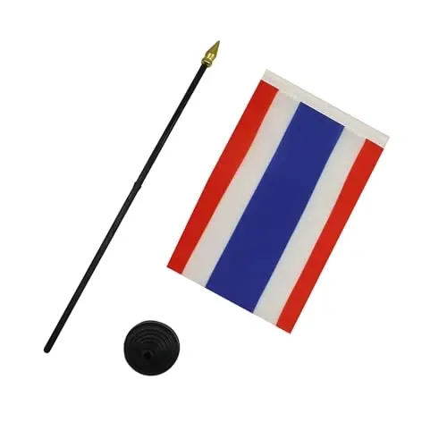 AZ FLAG - Thailand Table Flag 4'' x 6'' - Thai Mini Desk Flag 100% Polyester 15 x 10 cm. - Office Banner with 10'' Pole - Golden Spear - 3